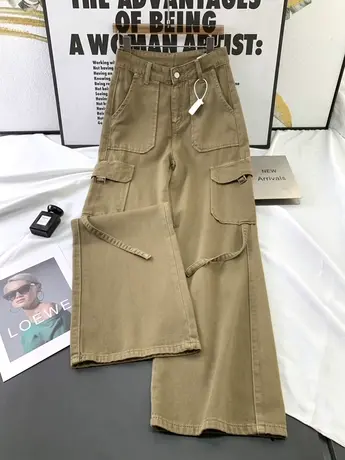 韩版大口袋休闲工装裤女2023秋季新款显瘦百搭时尚宽松男友阔腿裤图片