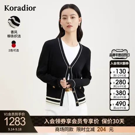 珂莱蒂尔条纹拼接冰丝针织开衫外套女简约通勤上衣图片