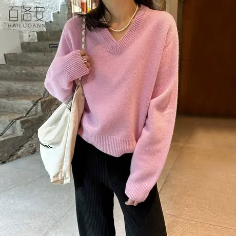 百洛安慵懒风宽松套头毛衣女秋装时尚V领长袖上衣百搭纯色针织衫商品大图