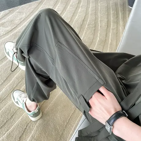 橄榄绿工装阔腿裤女春秋新款高腰宽松显瘦美式复古抽绳九分束脚裤商品大图