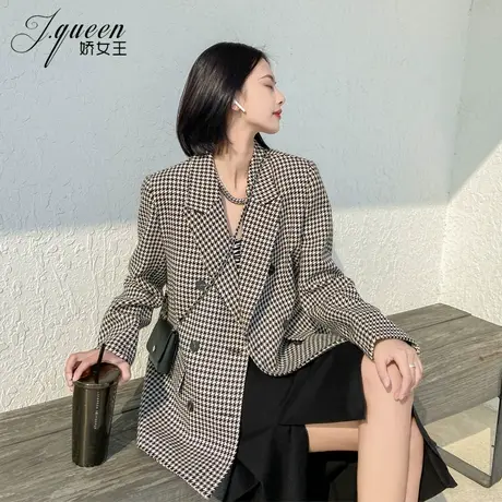 千鸟格西装外套女春秋上衣复古气质宽松显瘦休闲洋气毛呢小西服潮图片