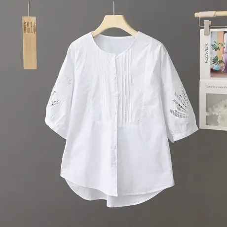 文艺范纯棉刺绣立领短袖衬衫女宽松休闲镂空气质上衣夏装衬衣女装商品大图
