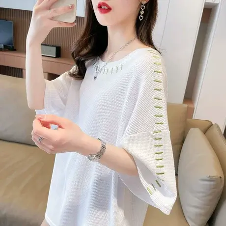 小众设计感短袖t恤女2023新款夏装韩版宽松大码中长款华夫格上衣图片