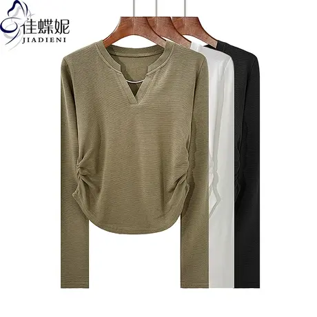 秋冬新款V领修身褶皱纯欲短款纯棉纯色长袖体恤上衣内搭女打底衫图片