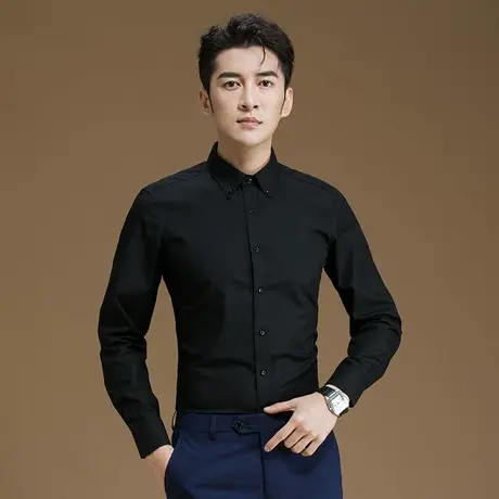 POWO衬衫男长袖修身商务休闲正装扣领衬衣韩版职业深蓝色新款男装图片