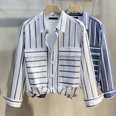 设计款日系男装条纹长袖衬衫韩版宽松纯棉春秋休闲时尚衬衣外套搭商品大图