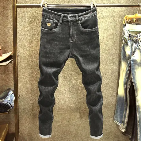 秋冬季牛仔裤男士潮牌抓绒修身裤子时尚潮流小众刺绣小脚裤男薄绒商品大图