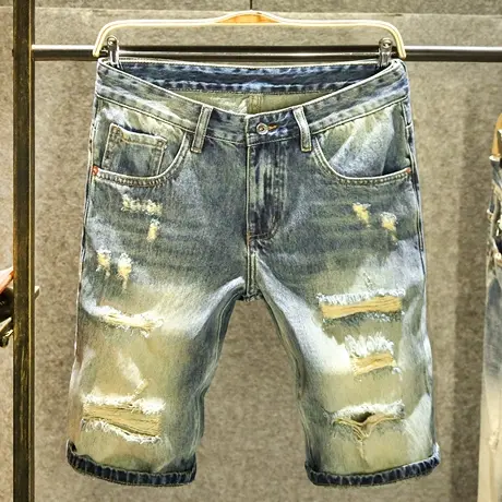 破洞刮烂怀旧牛仔短裤男宽松直筒五分裤美式复古ins潮牌乞丐裤子商品大图