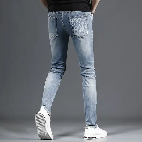 蓝色牛仔裤男2023新款时尚印花夏季薄款修身小脚弹力休闲男士裤子商品大图