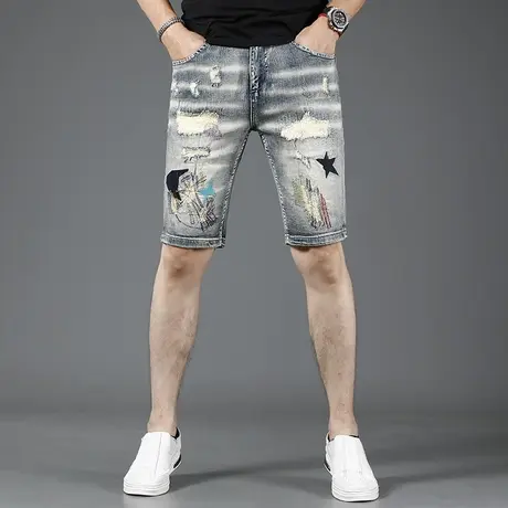 高街破洞牛仔短裤男夏季薄款五分裤修身潮牌男士休闲中裤2023新款商品大图