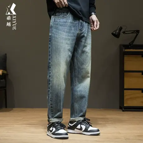 希越美式复古水洗牛仔裤男秋季宽松大码蓝色拉链后袋压花直筒长裤商品大图