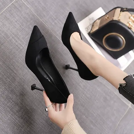 2023新款高跟鞋女春季细跟百搭黑色尖头法式少女单鞋中跟性感职业商品大图