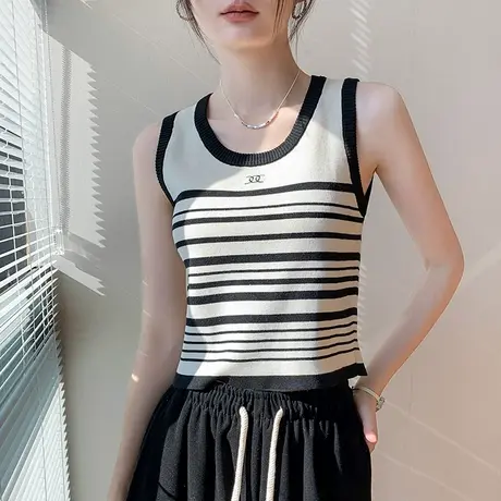 法式小香风吊带背心女装2025春季新款条纹修身衬衫内搭无袖打底衫商品大图
