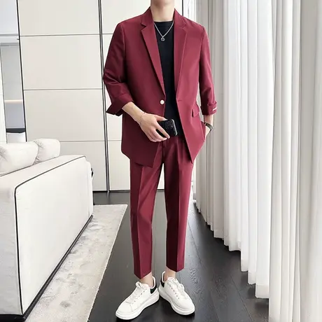 七分中袖西装男休闲宽松垂感外套潮流痞帅刺绣西服搭配修身九分裤商品大图