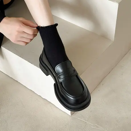 软底小皮鞋女2024春季新款英伦风黑色厚底一脚蹬乐福鞋jk制服单鞋商品大图