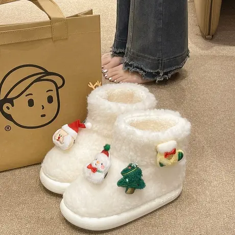 羊羔毛棉拖鞋女冬季室内外穿可爱圣诞老人加绒保暖高帮包跟雪地靴图片