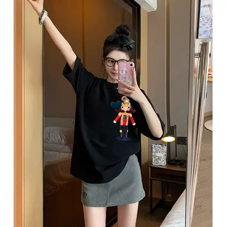 黑色短袖t恤女夏季新款胖mm大码卡通美式设计感宽松上衣200斤300商品大图