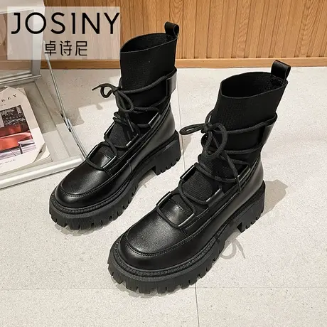 卓诗尼马丁靴女冬季厚款2023年冬季黑色靴子粗跟中筒单靴英伦短靴商品大图
