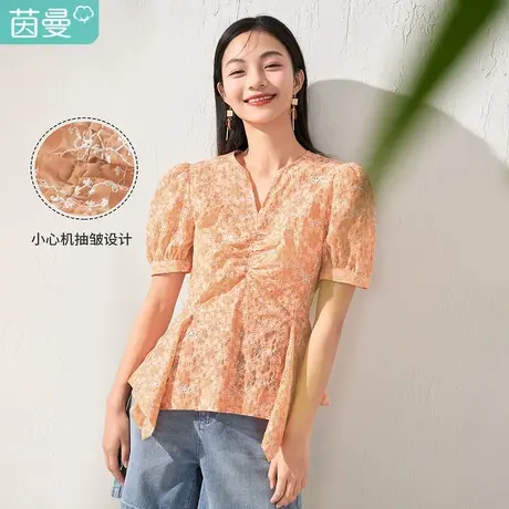 【商场同款】茵曼印花刺绣法式衬衫女2023夏季新款不规则纯棉衬衣商品大图