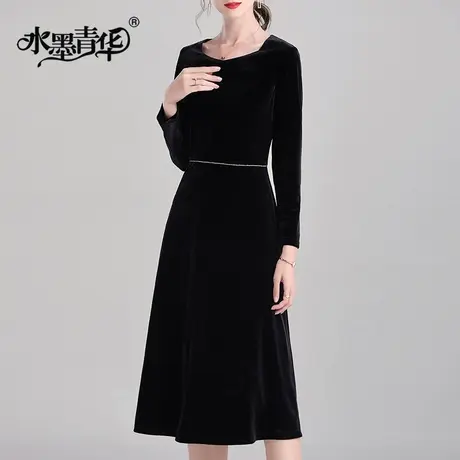 【2件7.5折】春季新品简约修身丝绒裙优雅时尚小黑裙百搭连衣裙图片