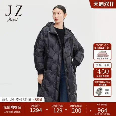 玖姿休闲中长连帽宽松时尚潮流黑色女羽绒服JUZUI-2021冬季新款商品大图