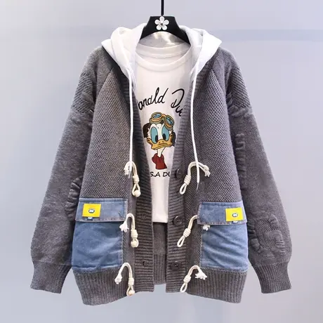 重工牛仔拼接连帽毛衣外套女秋冬2023新款宽松慵懒风加厚针织开衫商品大图