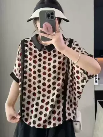 2023夏季爆款雪纺衫女百搭娃娃领波点气质减龄宽松显瘦遮肚上衣女图片