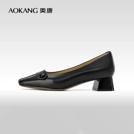 奥康女鞋 2023春秋新款真皮单鞋舒适柔软一脚蹬方头粗跟女士皮鞋图片