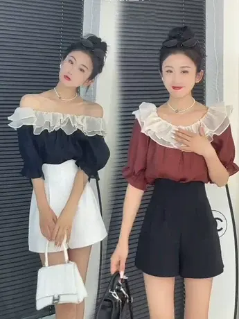 欧货荷叶边一字肩短袖天丝上衣女2023年夏季设计感性感露肩小衫潮商品大图