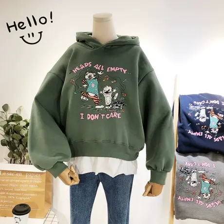 2019秋冬款韩国东大门Ulzzang甜美ins卡通宽松加绒假两件卫衣保暖商品大图