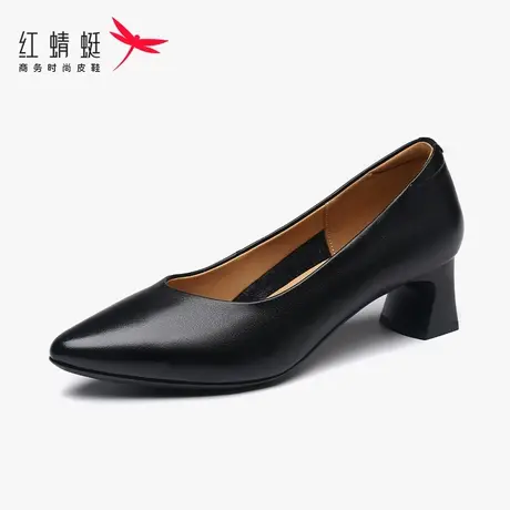 红蜻蜓女鞋春秋季粗跟黑色正装面试小皮鞋低跟高跟鞋女真皮不累脚商品大图