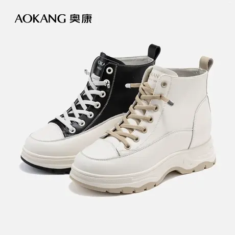 [免系带高帮鞋]奥康女鞋春新款厚底增高时尚休闲系带小白鞋商品大图