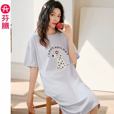 芬腾睡裙女夏季薄款纯棉短袖睡衣裙大码夏天可爱休闲家居服连衣裙图片