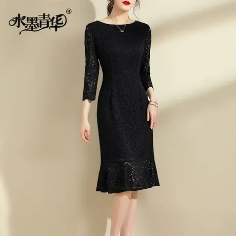 水墨青华2023新款冬装优雅荷叶边蕾丝连衣裙百搭显瘦黑色打底裙女商品大图