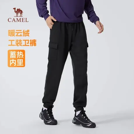 骆驼男装工装卫裤男2025新款冬季加绒保暖宽松束脚黑色休闲长裤子商品大图