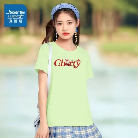 DE真维斯女装2025夏季新款 女款简约百搭字母印花短袖T恤上衣商品大图