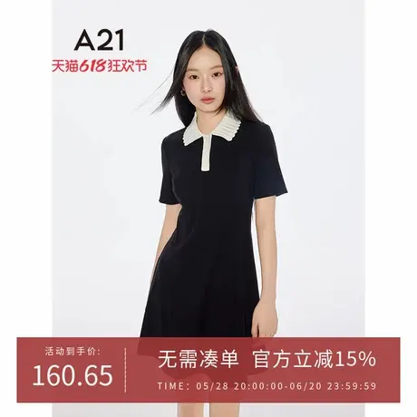 A21女装高腰修身显瘦连衣裙2025夏季新款学院风翻领撞色短袖A字裙图片