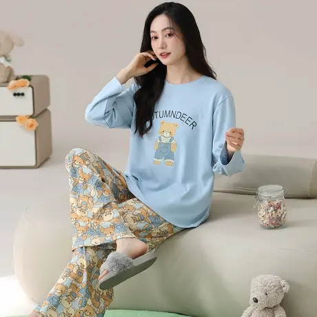 秋鹿可爱小熊睡衣女春秋款纯棉圆领长袖长裤早秋家居服套装可外穿商品大图