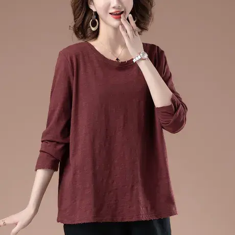 长袖t恤女早秋新款加肥加大码女装宽松纯棉圆领遮肚子显瘦打底衫商品大图
