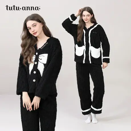 tutuanna秋冬珊瑚绒女士睡衣 羊羔绒加厚保暖蝴蝶结V领家居服套装商品大图
