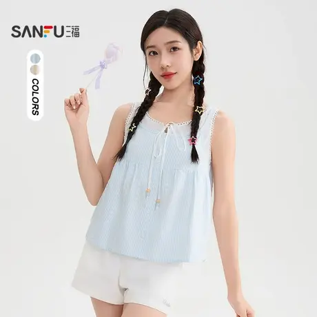 三福短衬衫2025夏季串珠绑带圆领条纹假两件上衣女装504284图片