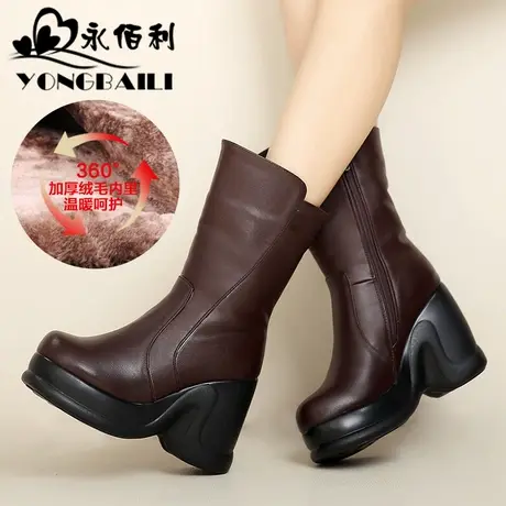 厚底加厚绒里保暖女靴2025冬新款真皮坡跟高跟中筒松糕雪地靴女鞋商品大图