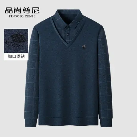 【经典百搭】爸爸秋装上衣格纹背心款假两件针织中老年长袖T恤男商品大图