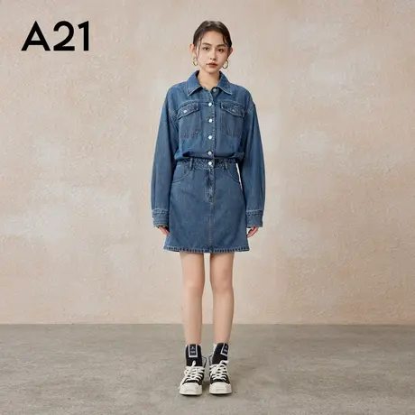 A21女装翻领小落肩长袖直筒牛仔连衣裙春夏季连体套装外套女生潮商品大图