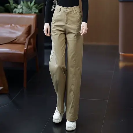 卡其色天丝棉窄版直筒裤女2025年春秋新款百搭高腰女裤西装阔腿裤商品大图