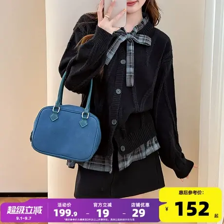 唐狮2025秋冬季毛衣女拼接格子宽松套头黑色毛线衫气质少女休闲风图片