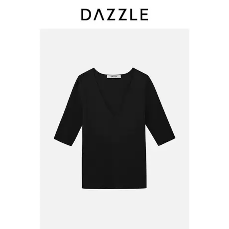 DAZZLE地素奥莱短袖针织衫23春季新款法式黑色V领修身高级感上衣图片
