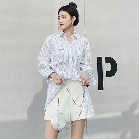 蓝白条纹衬衫女2023年春季新款设计感褶皱不规则下摆时尚长袖上衣商品大图