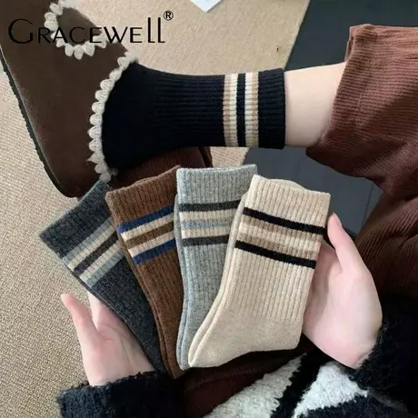 婷美袜子女民族风秋冬中长筒袜复古日系ins学生潮流显瘦百搭长袜图片