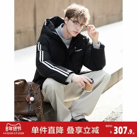 唐狮2026秋冬季羽绒外套男加厚连帽袖子撞色拼条运动风短款羽绒服图片